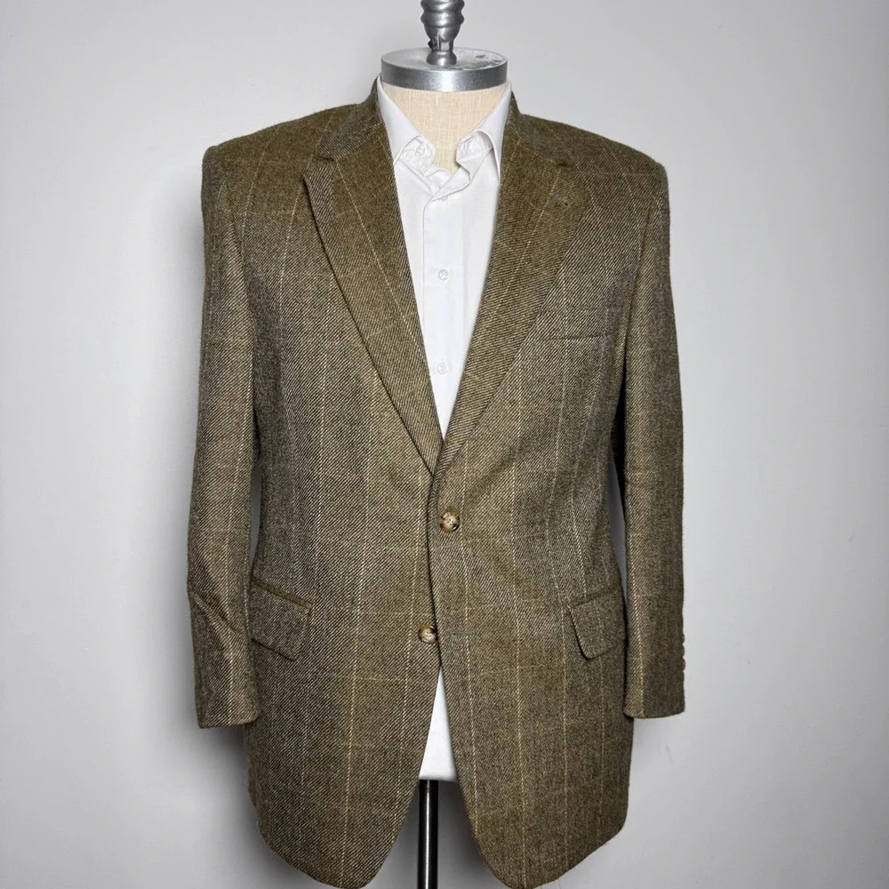 Nathan David Blazer Mens 42R Olive Green Windowpane Wool Two Button Sport Coat
